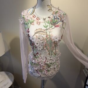 Zara Sheer Floral Embroidered Blouse - Pink and White.